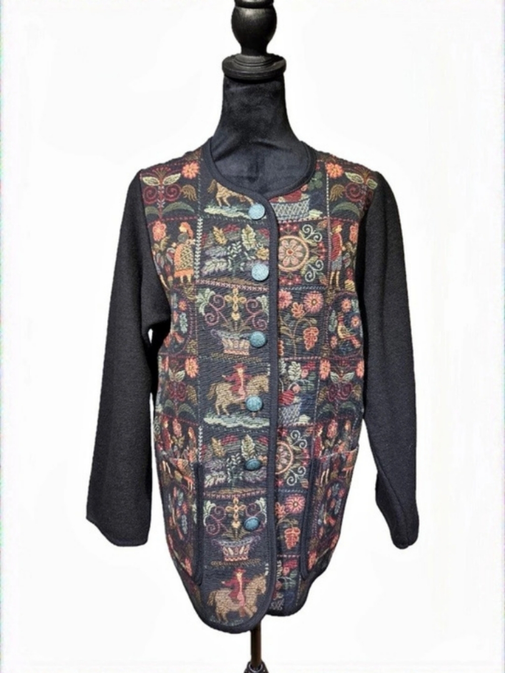 Vintage Vitabella Embroidered Folk Art Wool Jacket in Black XL Made In Norway